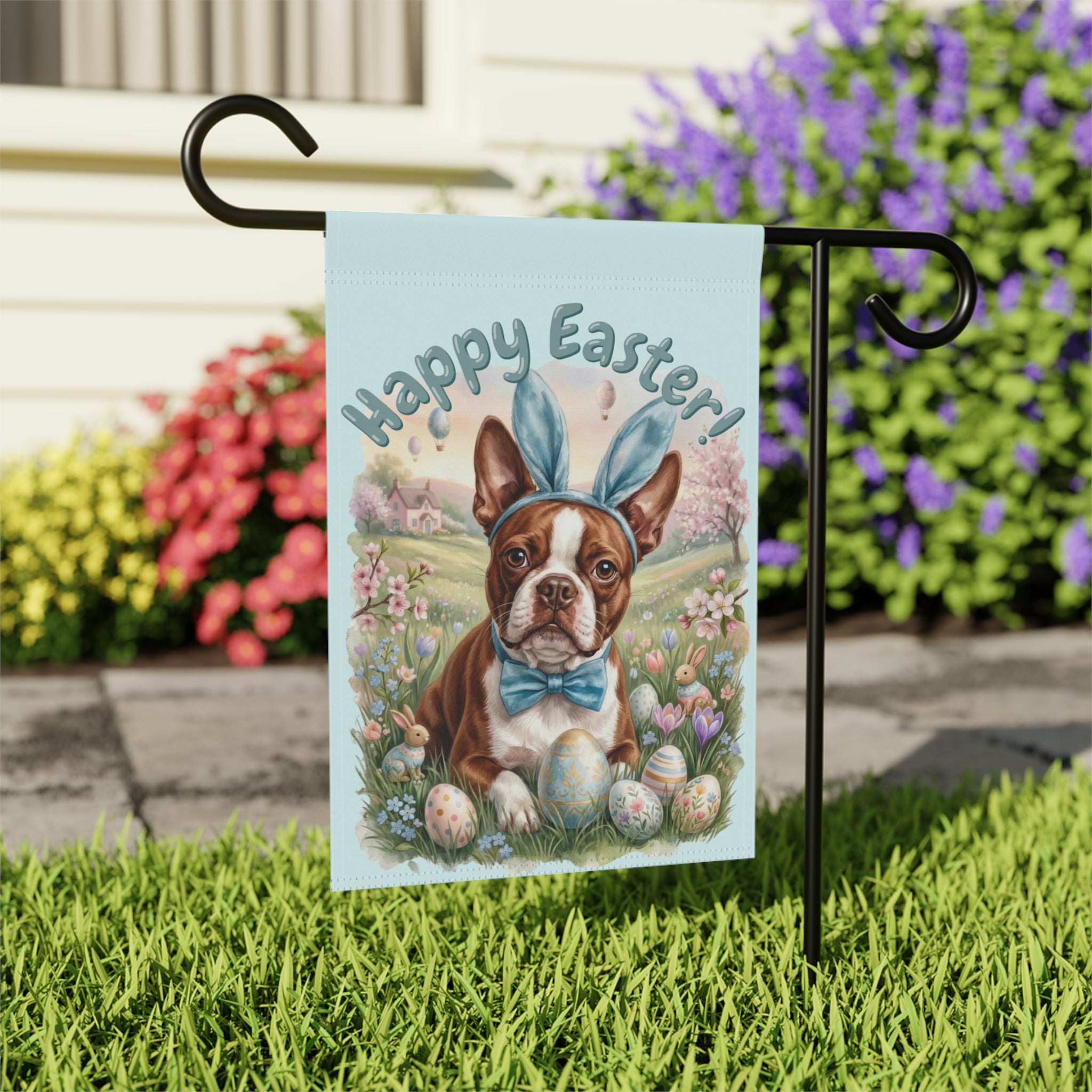 Bunny Ear Boston Terrier Easter Garden Flag