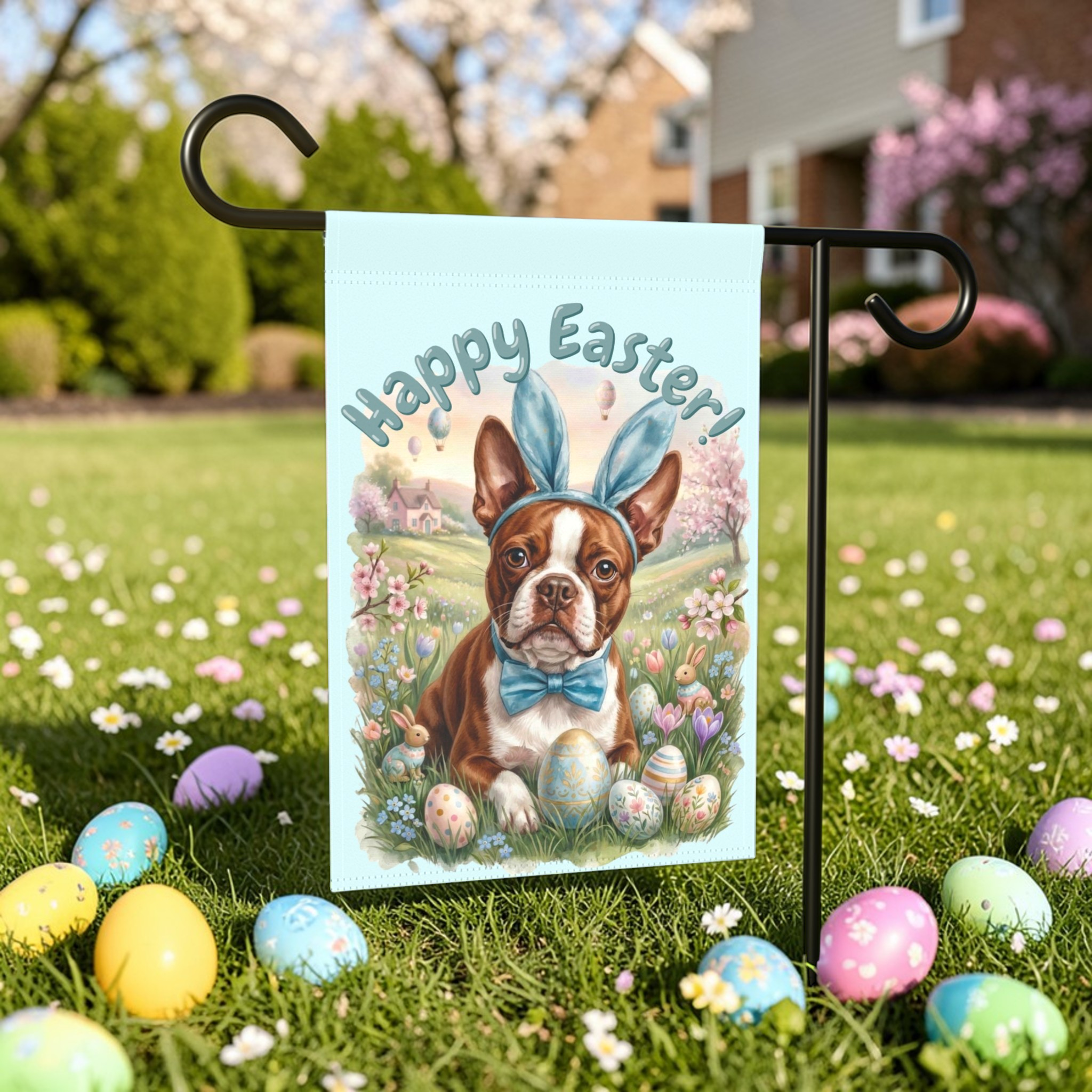 Bunny Ear Boston Terrier Easter Garden Flag
