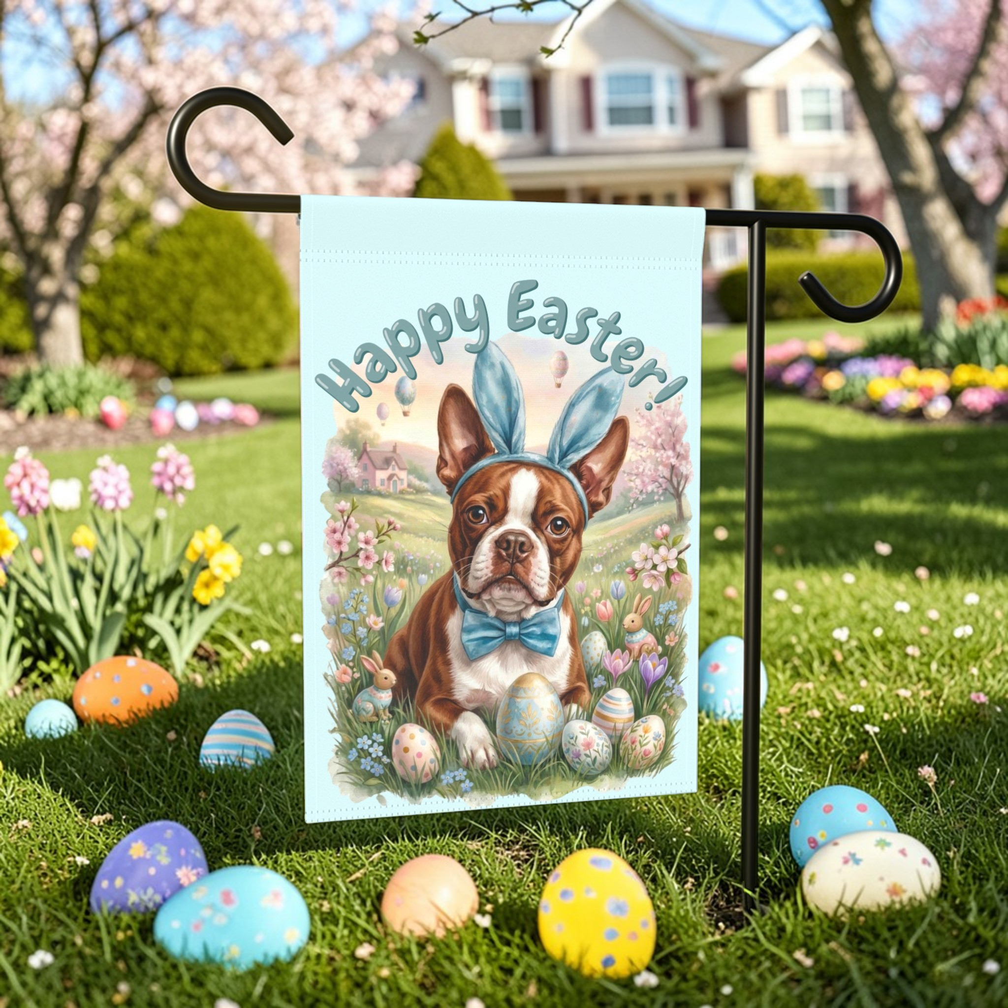 Bunny Ear Boston Terrier Easter Garden Flag
