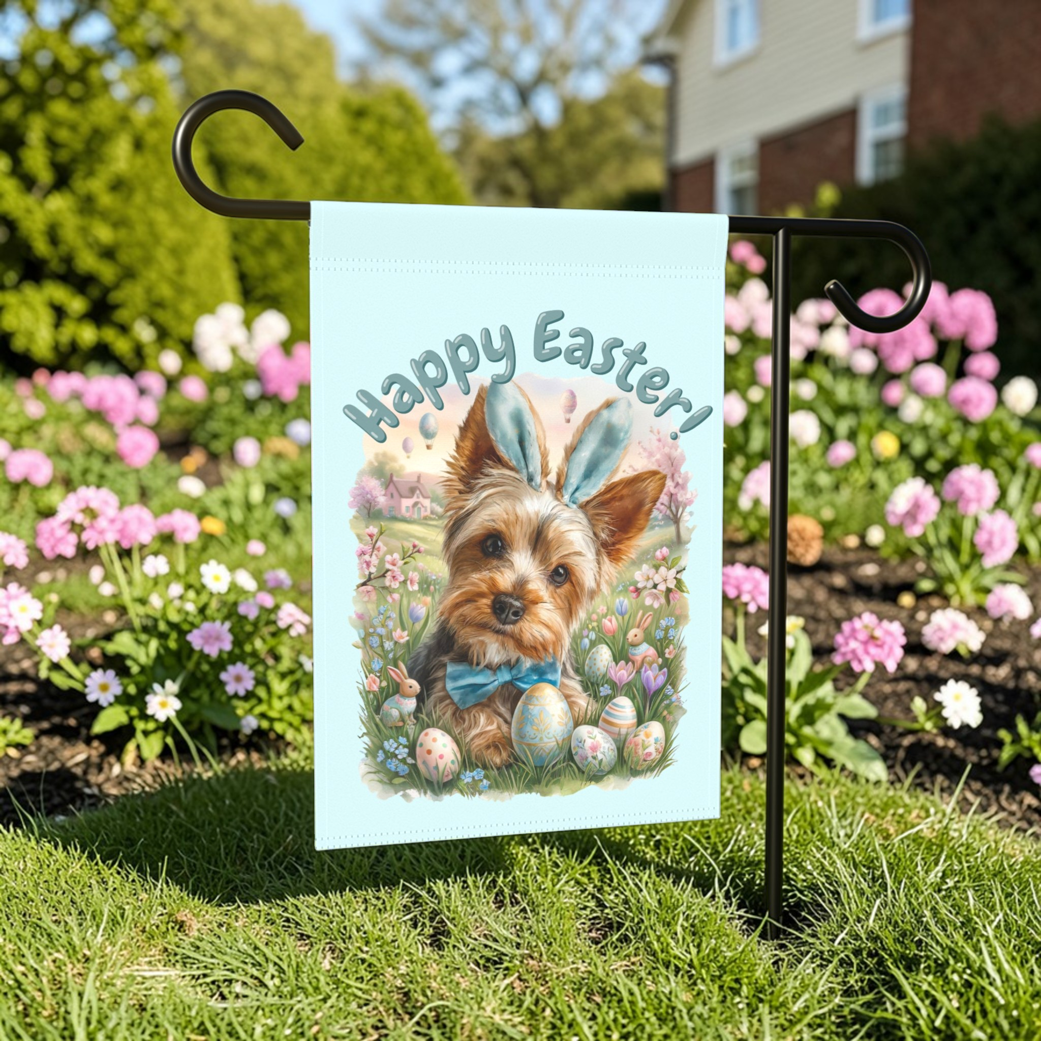 Bunny Ear Yorkie Easter Garden Flag