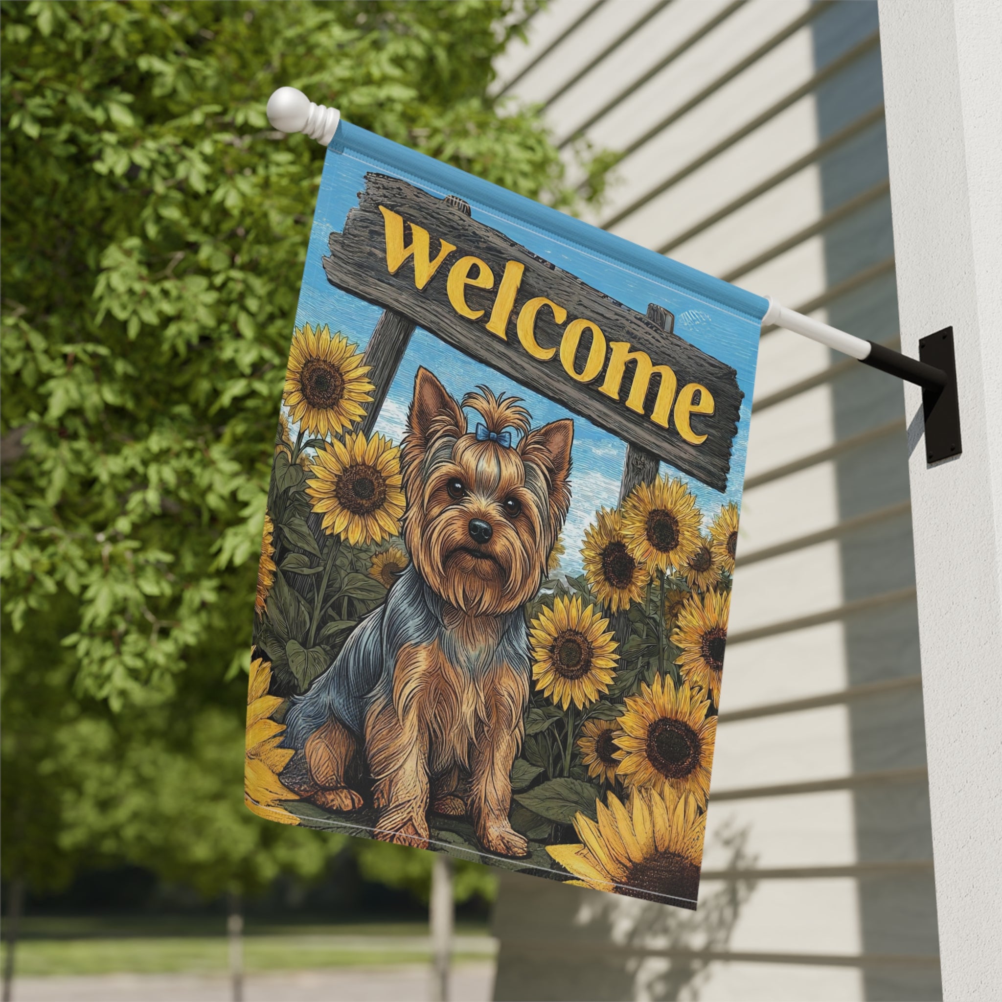Yellow Sunflower Welcome Yorkshire Terrier Garden Flag - yard display - Dragonfire Gardens
