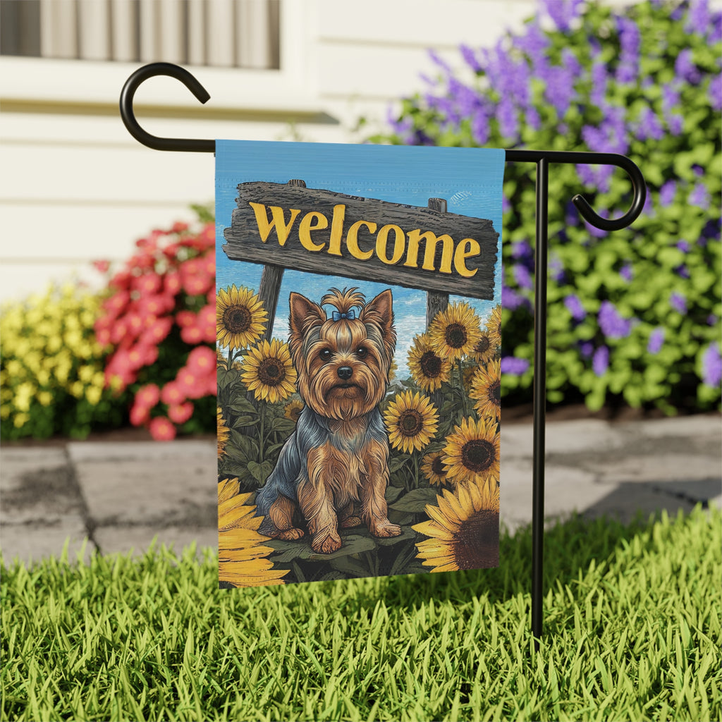 Yellow Sunflower Welcome Yorkshire Terrier Garden Flag - close-up detail - Dragonfire Gardens