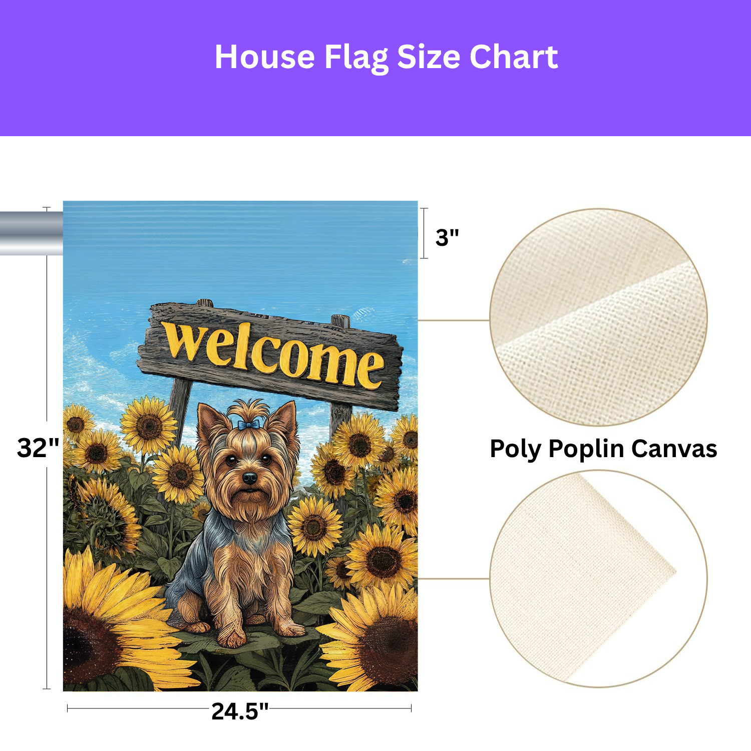 Yellow Sunflower Welcome Yorkshire Terrier Garden Flag - size comparison - Dragonfire Gardens