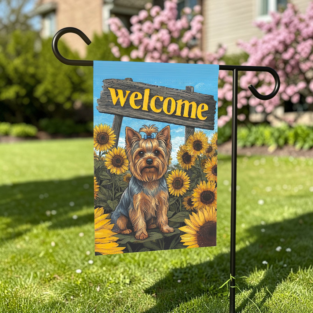 Yellow Sunflower Welcome Yorkshire Terrier Garden Flag - outdoor display - Dragonfire Gardens