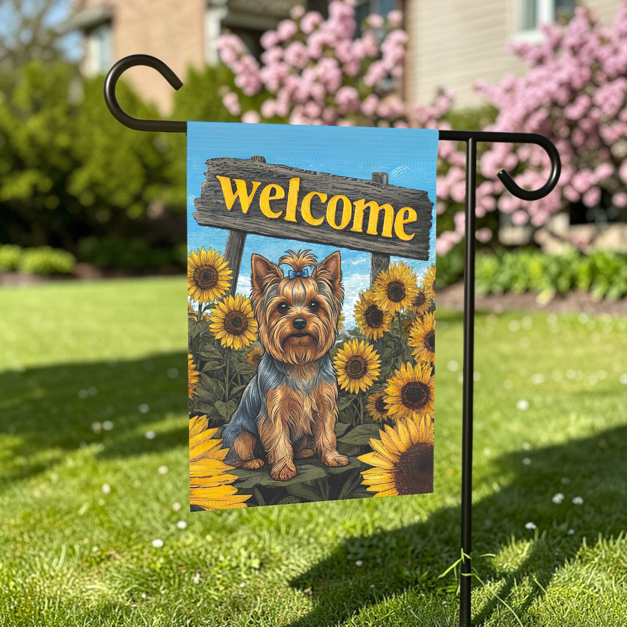 Yellow Sunflower Welcome Yorkshire Terrier Garden Flag - outdoor display - Dragonfire Gardens