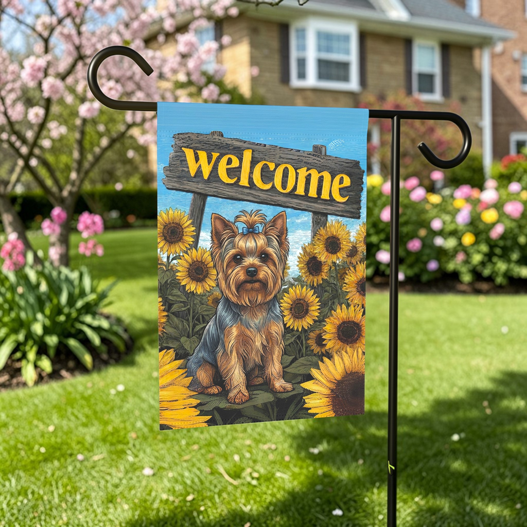 Yellow Sunflower Welcome Yorkshire Terrier Garden Flag - front view - Dragonfire Gardens