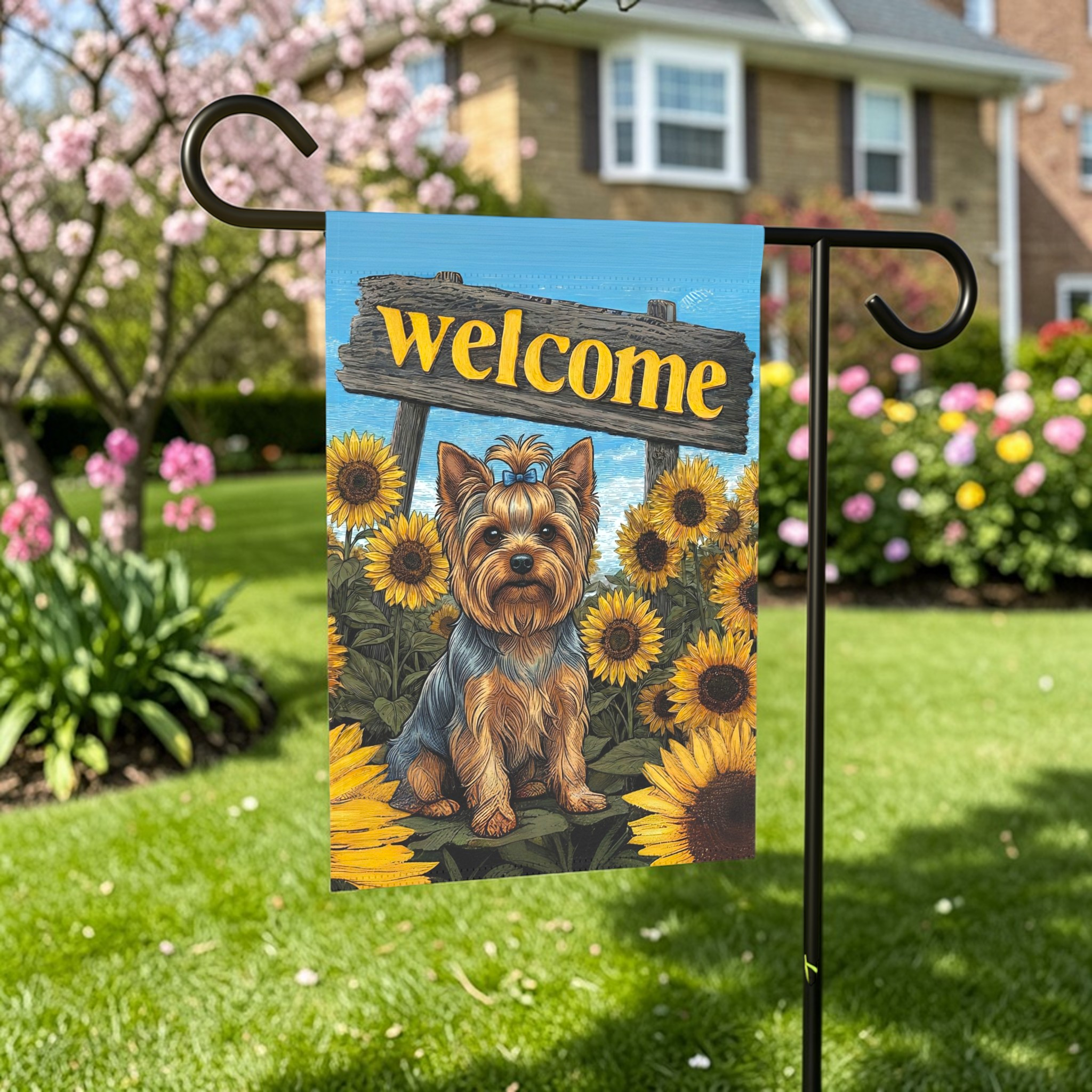 Yellow Sunflower Welcome Yorkshire Terrier Garden Flag - front view - Dragonfire Gardens