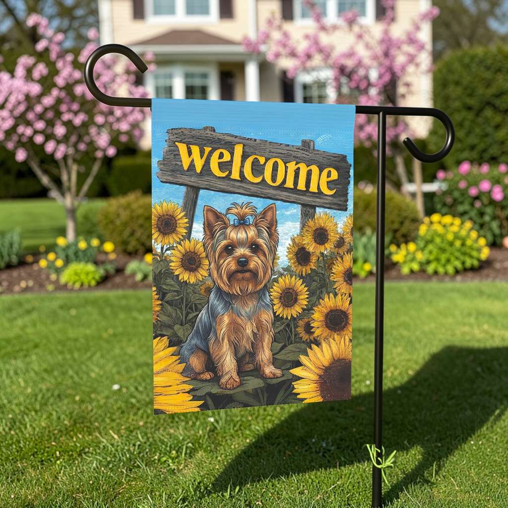 Yellow Sunflower Welcome Yorkshire Terrier Garden Flag - lifestyle display - Dragonfire Gardens