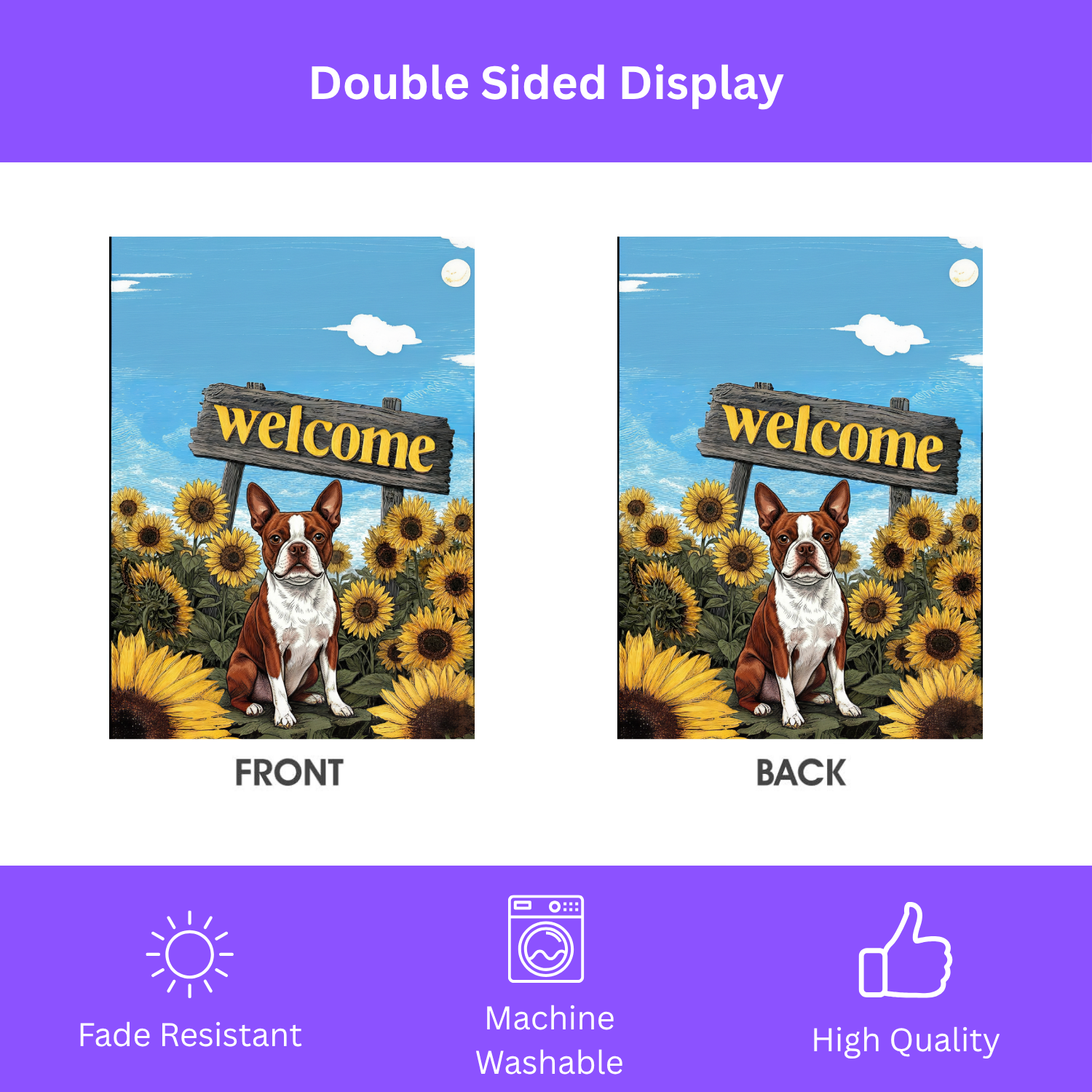 Yellow Sunflower Welcome Red Boston Terrier Garden Flag - yard display - Dragonfire Gardens