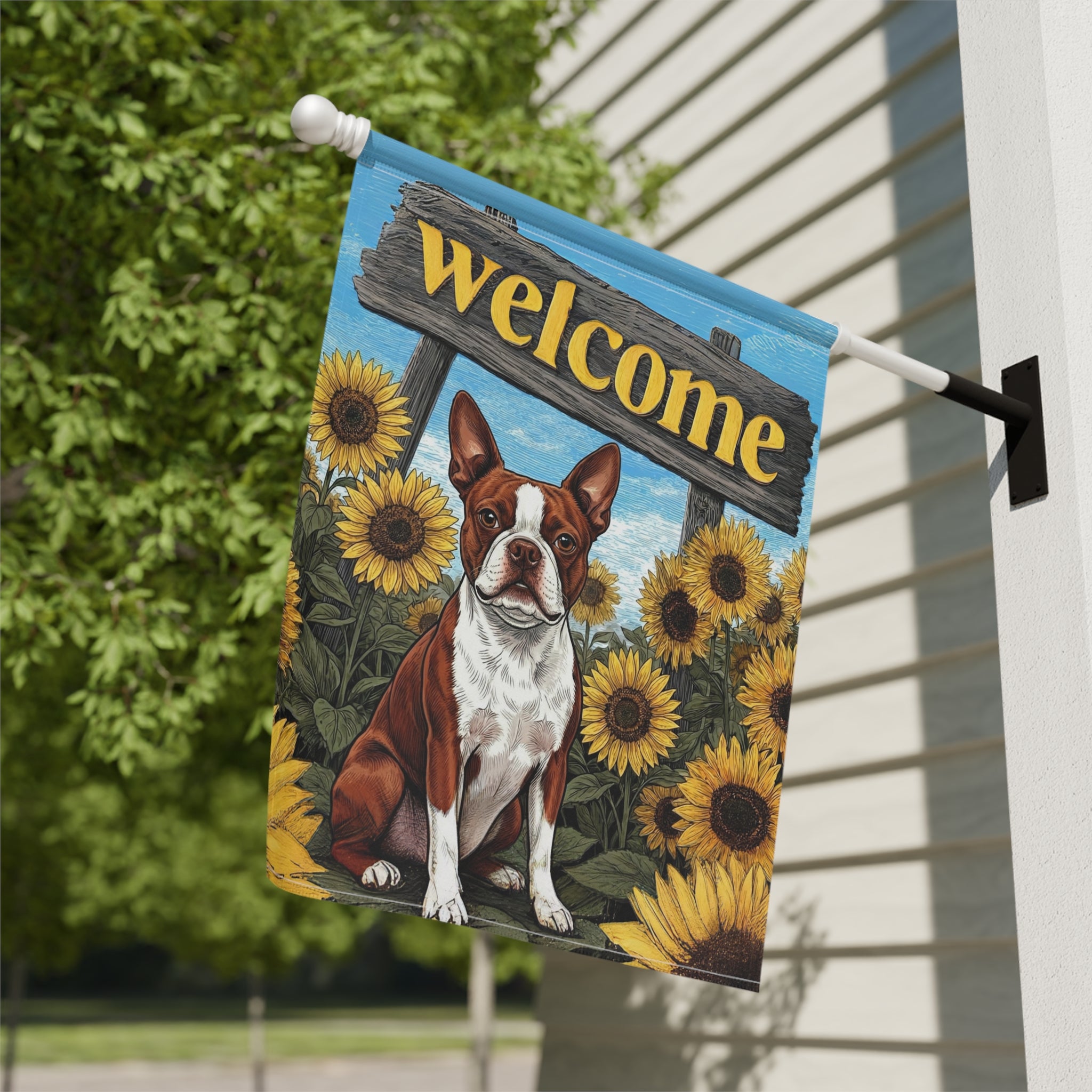 Yellow Sunflower Welcome Red Boston Terrier Garden Flag - double-sided design - Dragonfire Gardens