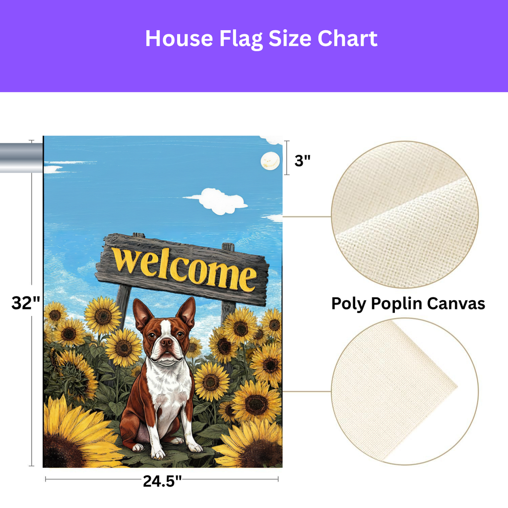 Yellow Sunflower Welcome Red Boston Terrier Garden Flag - porch decor - Dragonfire Gardens