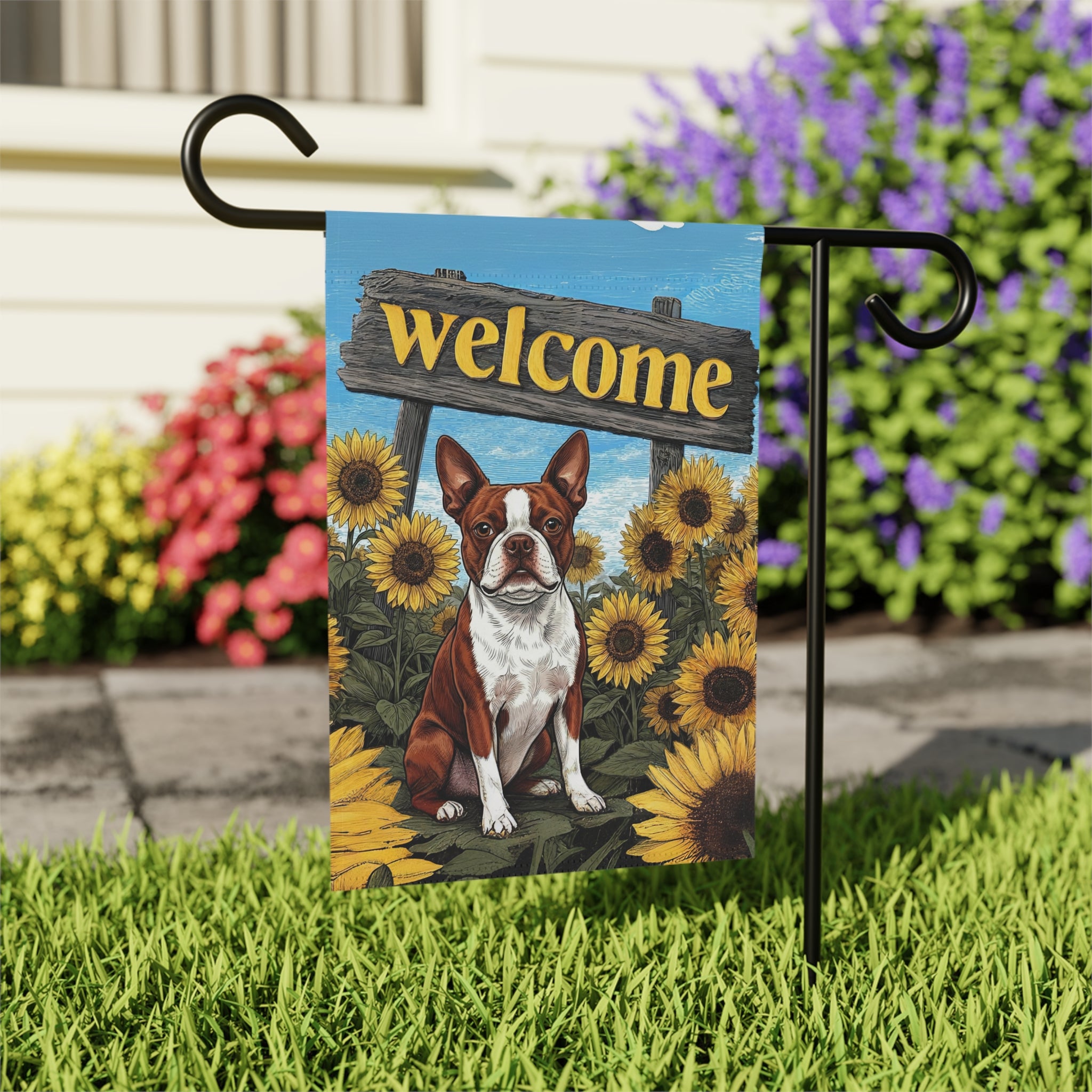 Yellow Sunflower Welcome Red Boston Terrier Garden Flag - close-up detail - Dragonfire Gardens