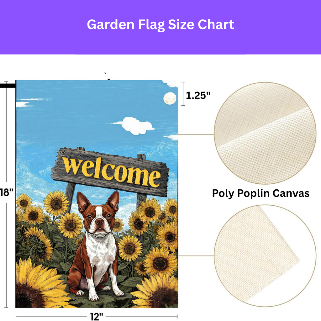 Yellow Sunflower Welcome Red Boston Terrier Garden Flag - size comparison - Dragonfire Gardens