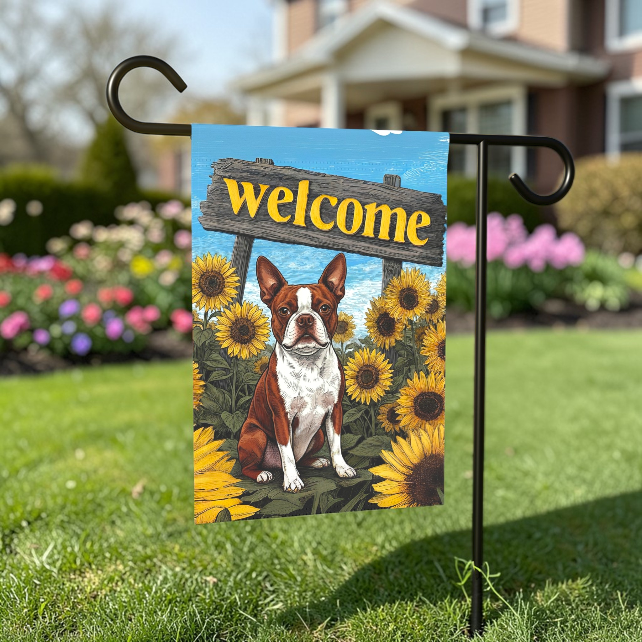 Yellow Sunflower Welcome Red Boston Terrier Garden Flag - outdoor display - Dragonfire Gardens