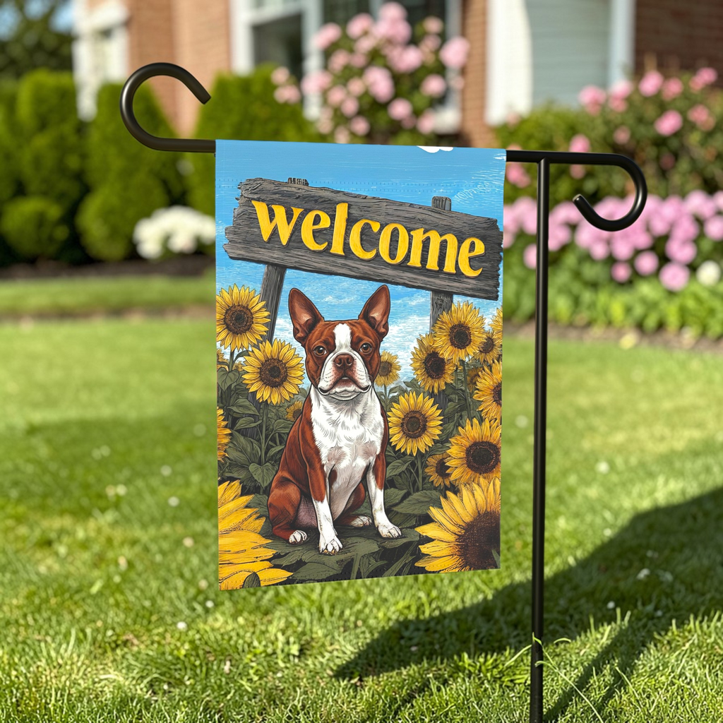 Yellow Sunflower Welcome Red Boston Terrier Garden Flag - front view - Dragonfire Gardens