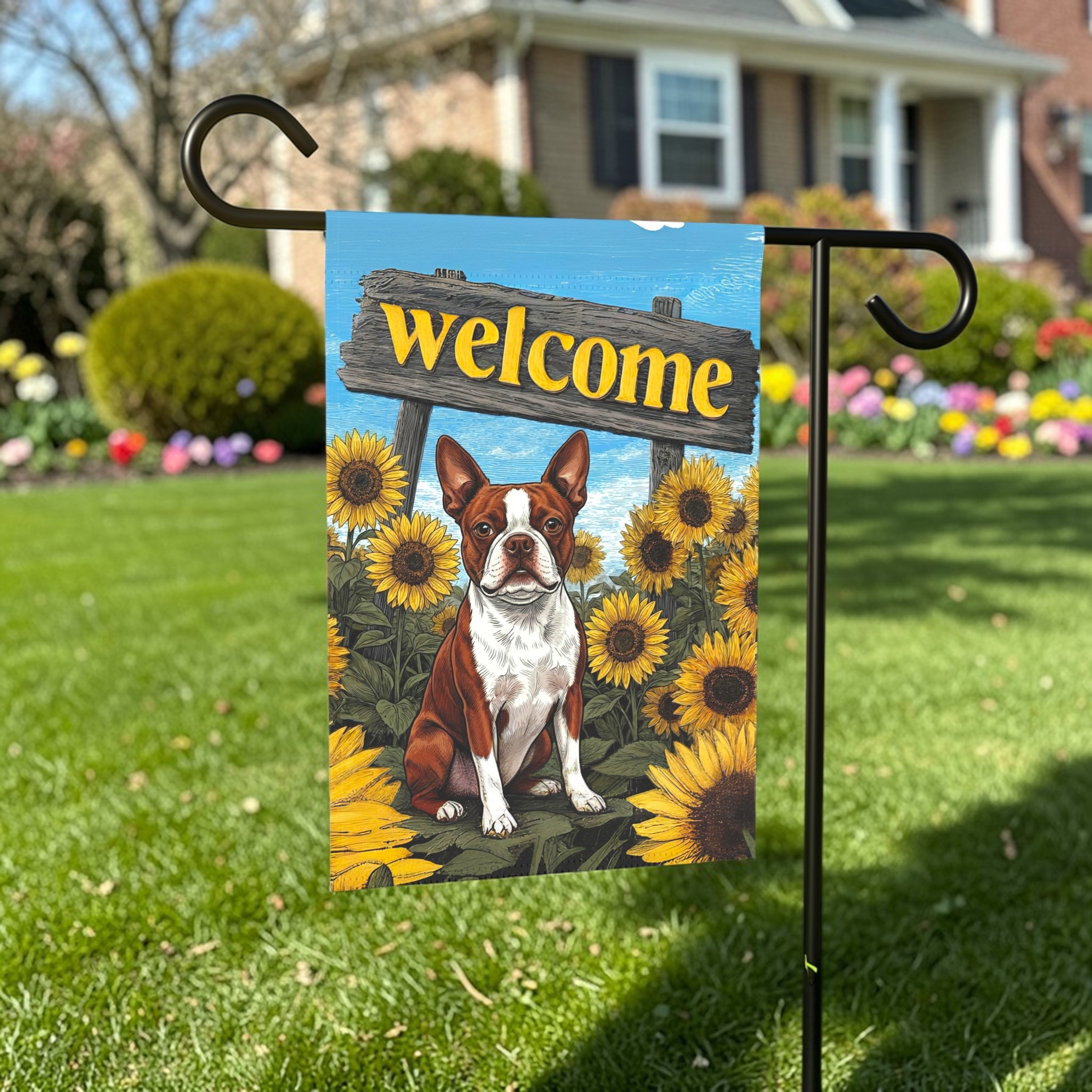 Yellow Sunflower Welcome Red Boston Terrier Garden Flag - lifestyle display - Dragonfire Gardens