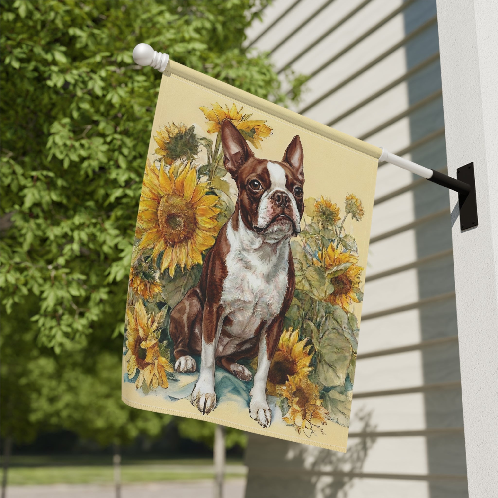 Yellow Sunflowers Red Boston Terrier Garden Flag - yard display - Dragonfire Gardens