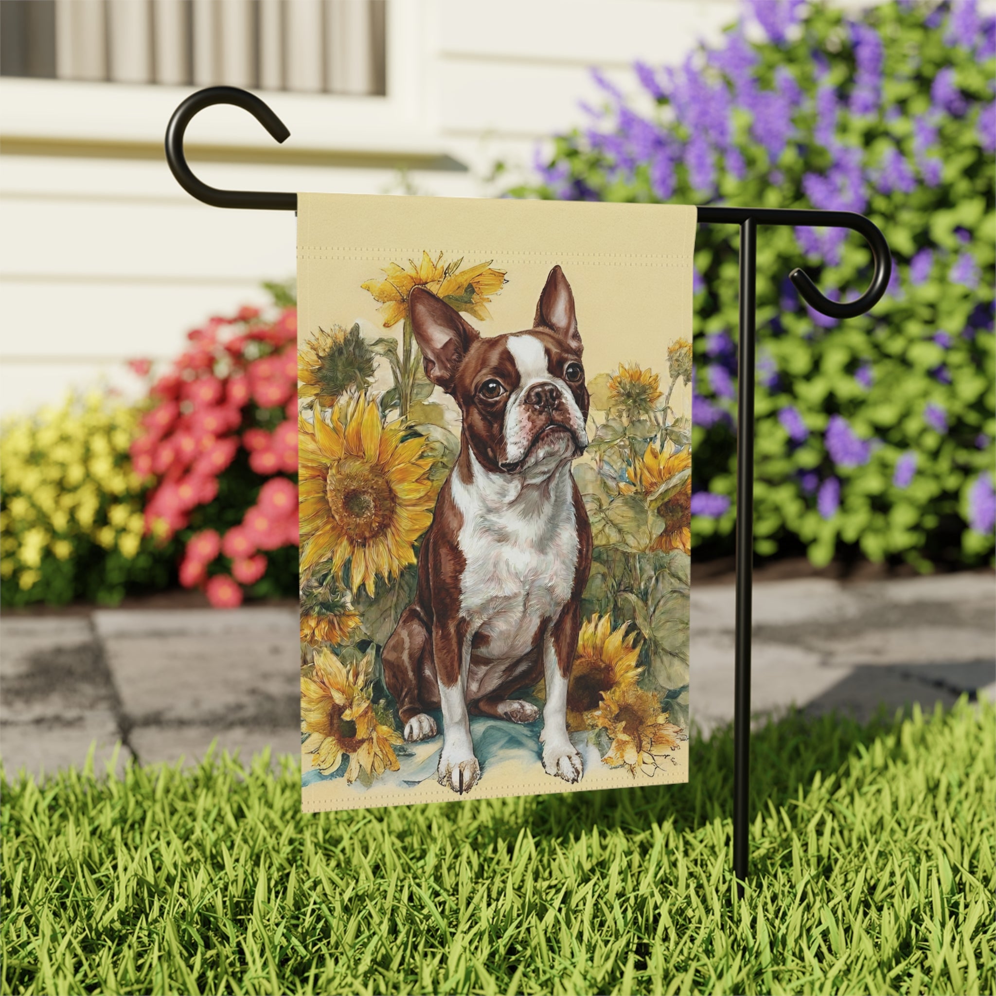 Yellow Sunflowers Red Boston Terrier Garden Flag - close-up detail - Dragonfire Gardens