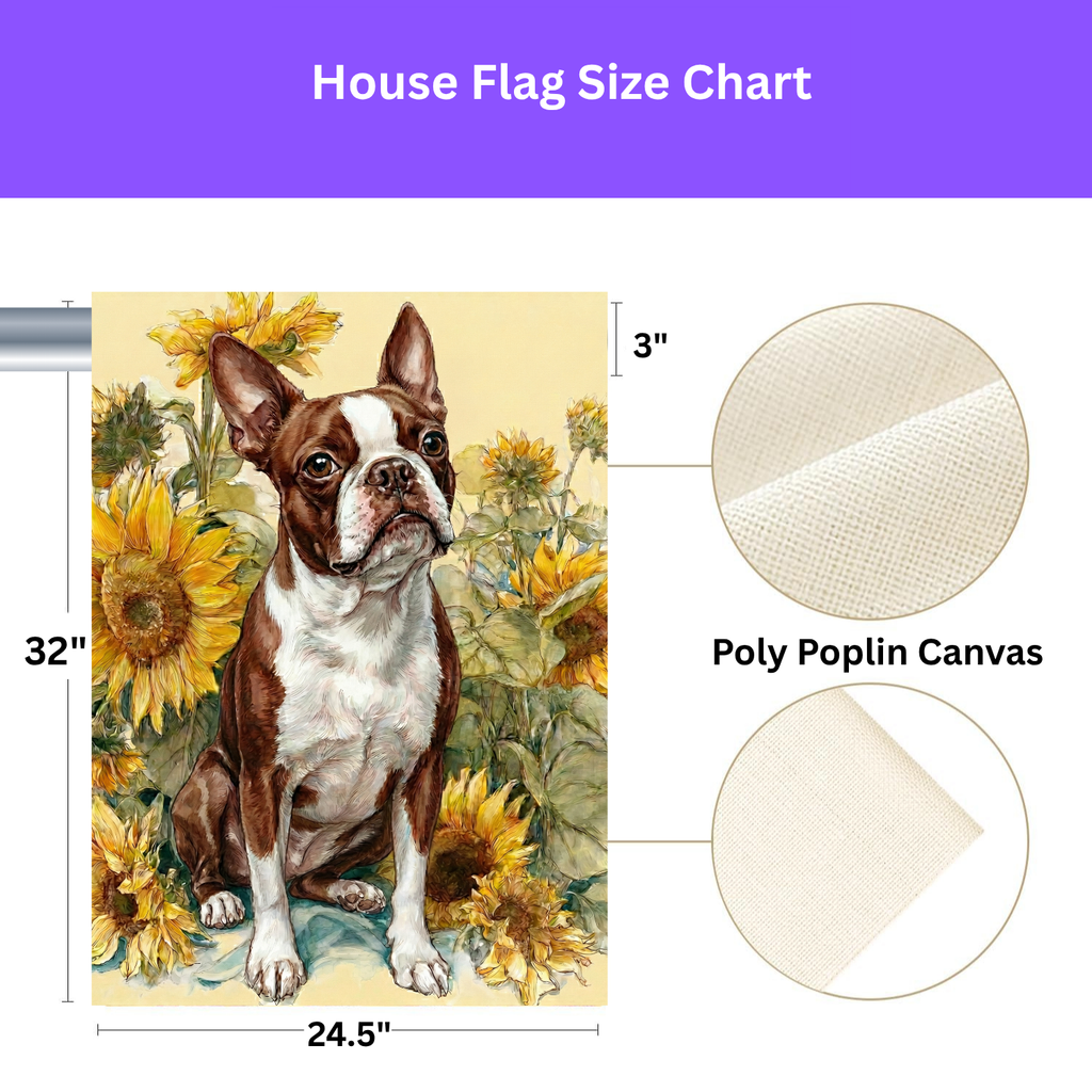 Yellow Sunflowers Red Boston Terrier Garden Flag - size comparison - Dragonfire Gardens