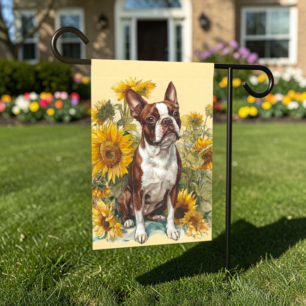 Yellow Sunflowers Red Boston Terrier Garden Flag - outdoor display - Dragonfire Gardens