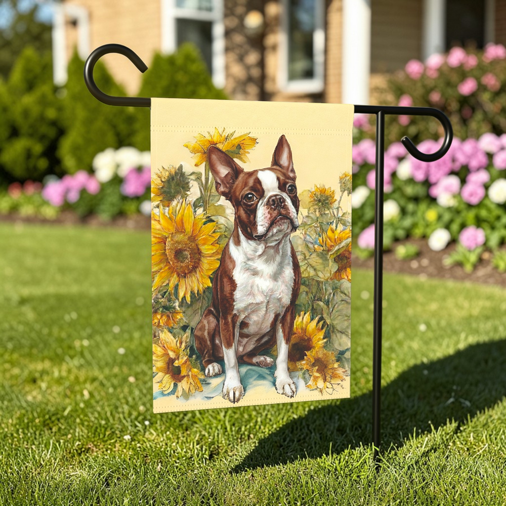 Yellow Sunflowers Red Boston Terrier Garden Flag - front view - Dragonfire Gardens