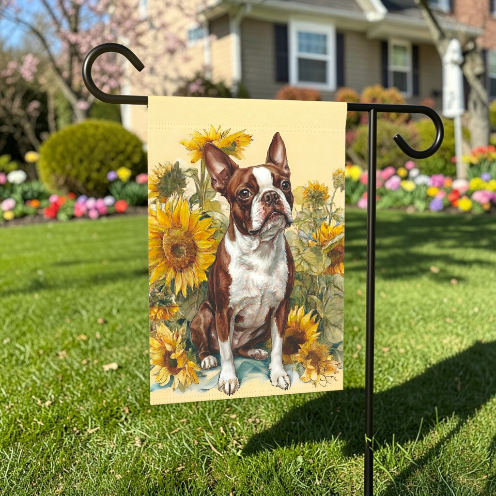 Yellow Sunflowers Red Boston Terrier Garden Flag - lifestyle display - Dragonfire Gardens
