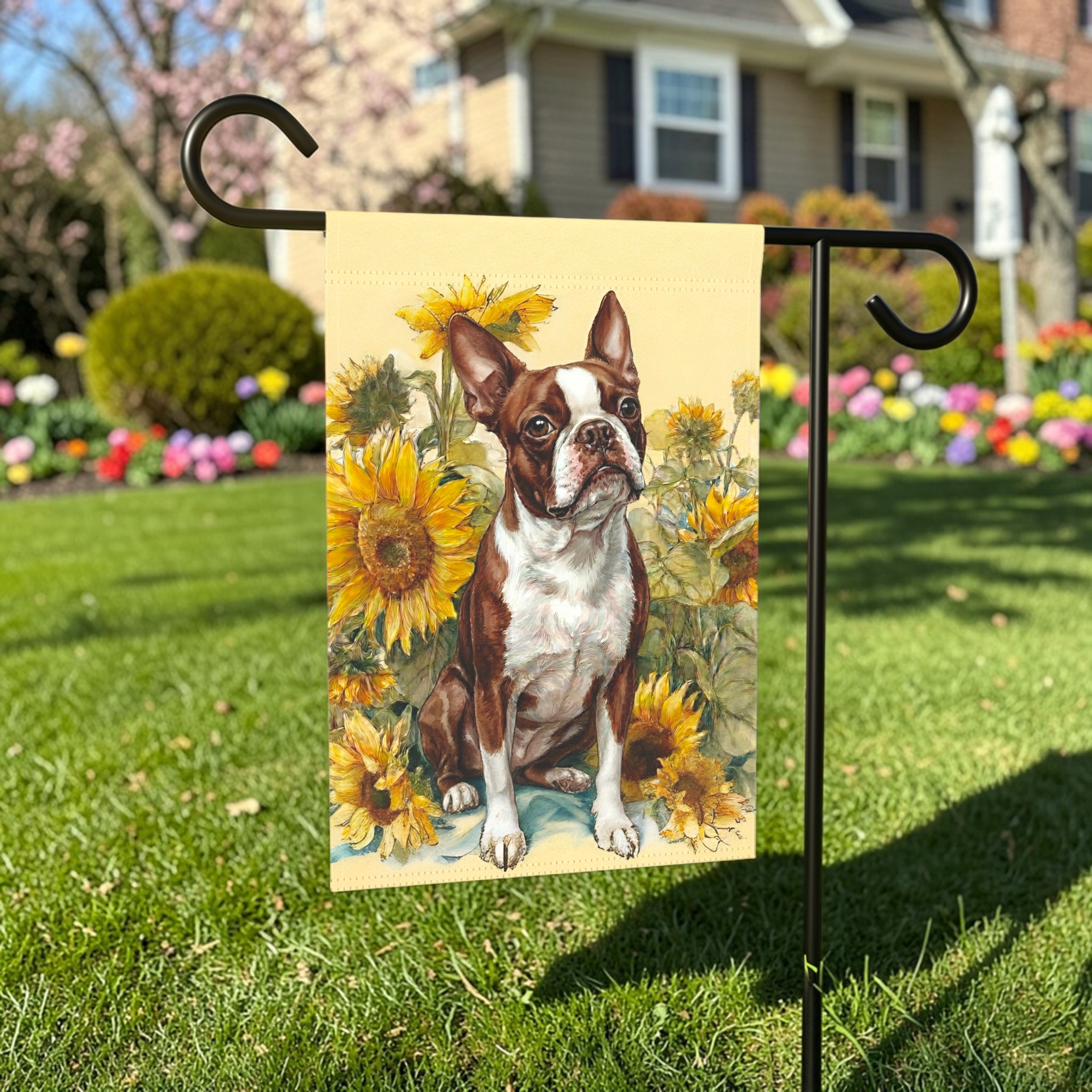 Yellow Sunflowers Red Boston Terrier Garden Flag - lifestyle display - Dragonfire Gardens