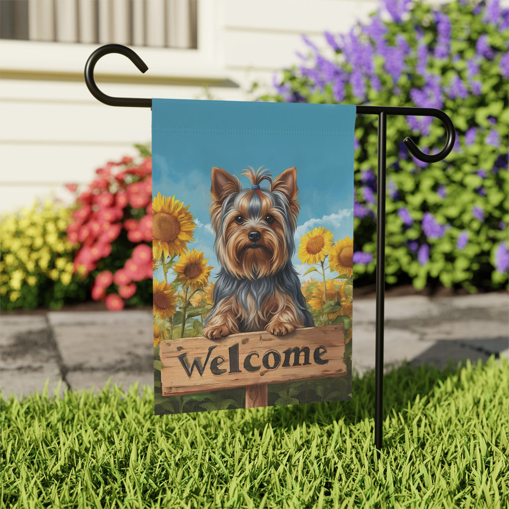 Sunflower Welcome Sign Yorkshire Terrier Garden Flag - close-up detail - Dragonfire Gardens