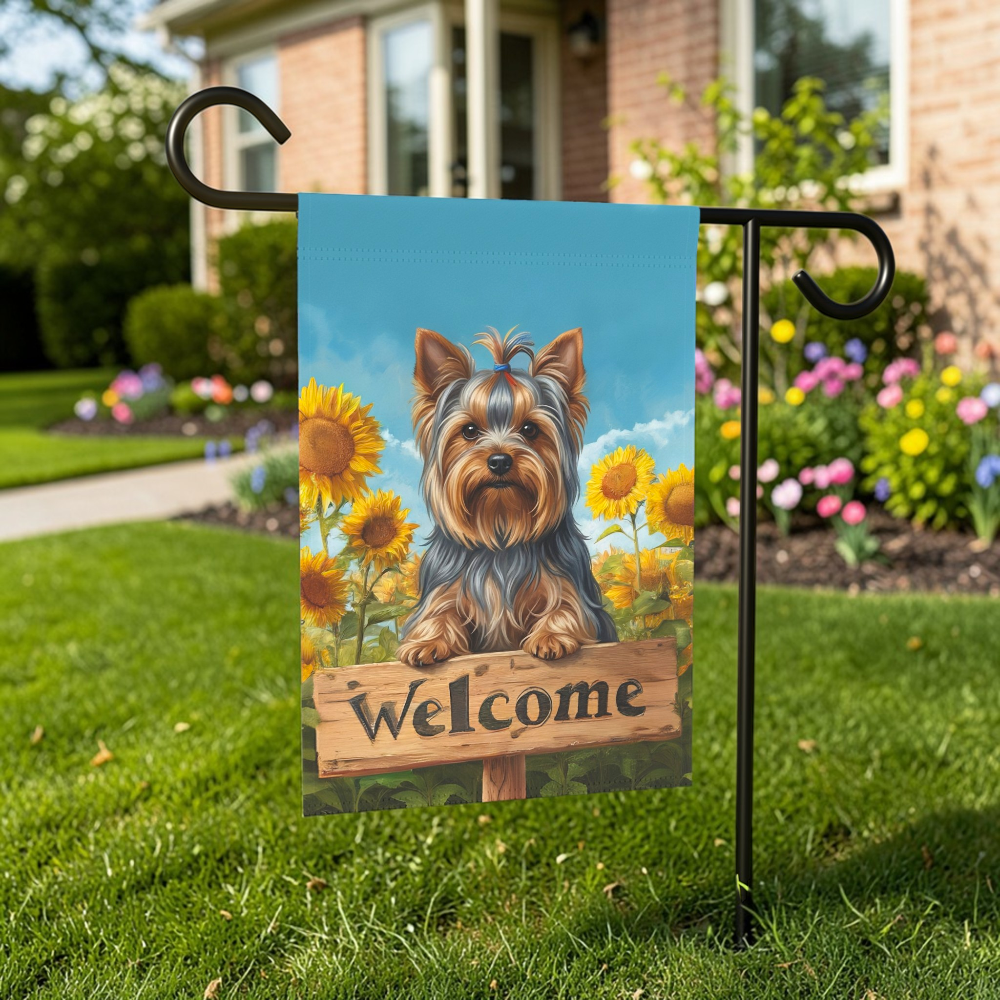 Sunflower Welcome Sign Yorkshire Terrier Garden Flag - outdoor display - Dragonfire Gardens