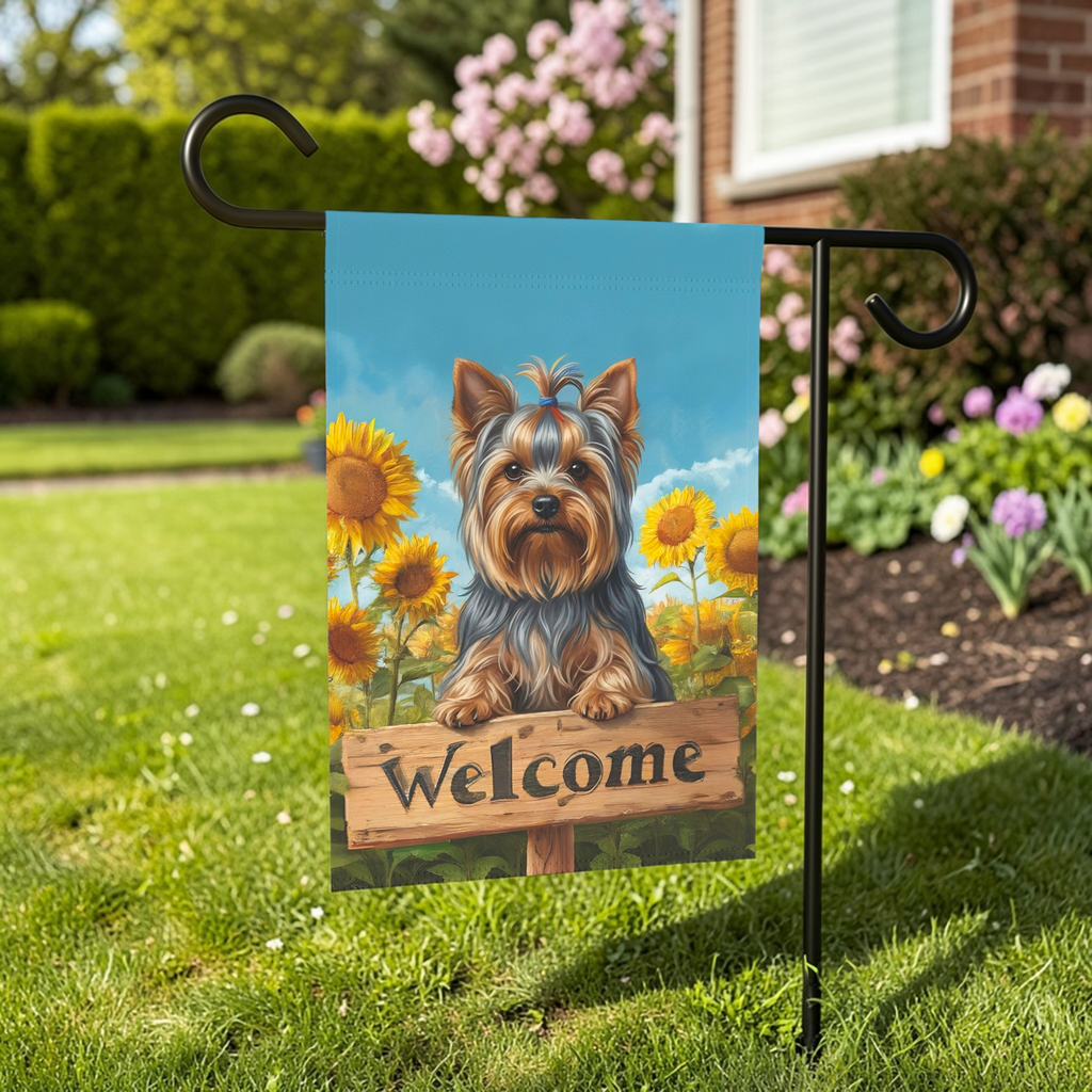 Sunflower Welcome Sign Yorkshire Terrier Garden Flag - lifestyle display - Dragonfire Gardens