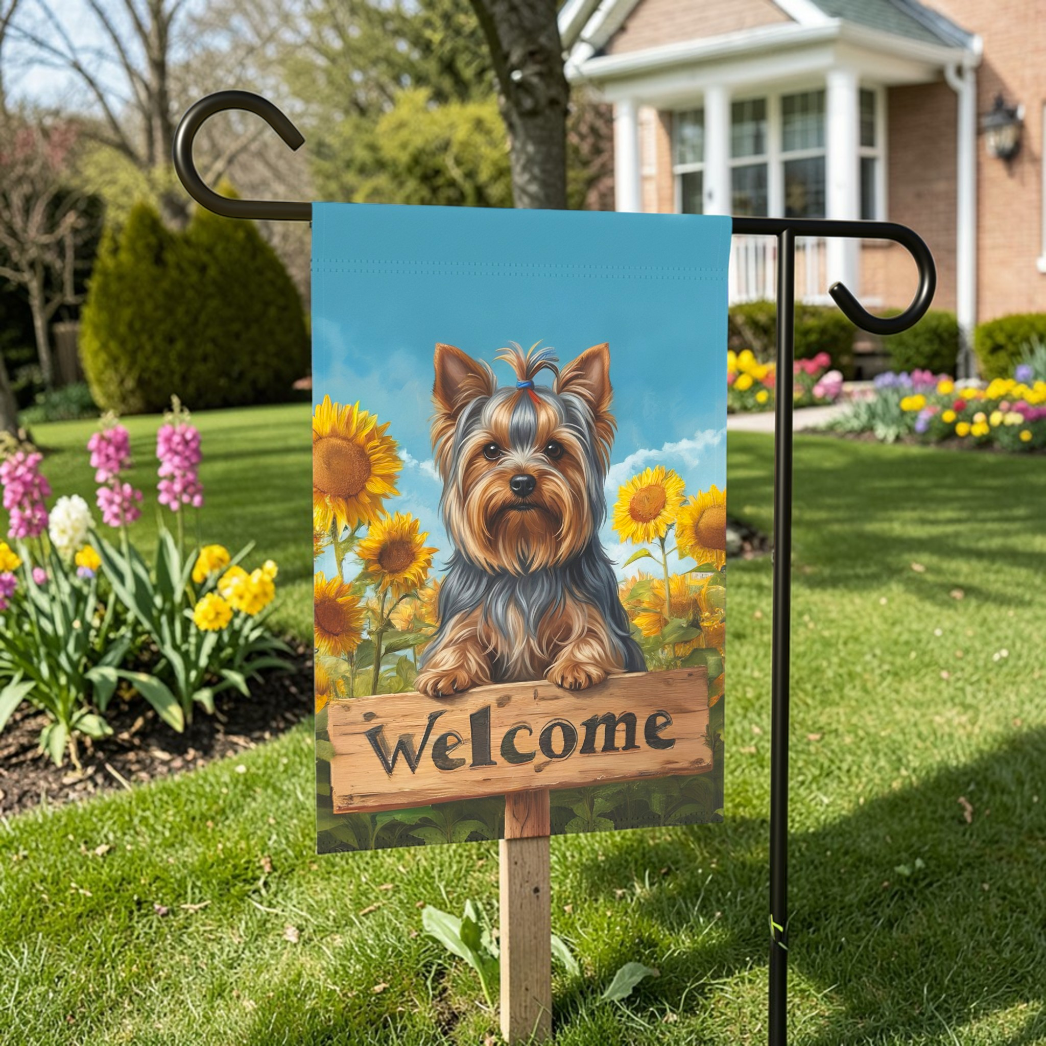 Sunflower Welcome Sign Yorkshire Terrier Garden Flag - front view - Dragonfire Gardens