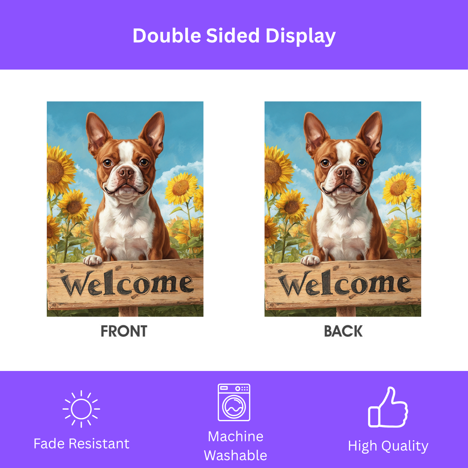 Sunflower Welcome Sign Red Boston Terrier Garden Flag - porch decor - Dragonfire Gardens