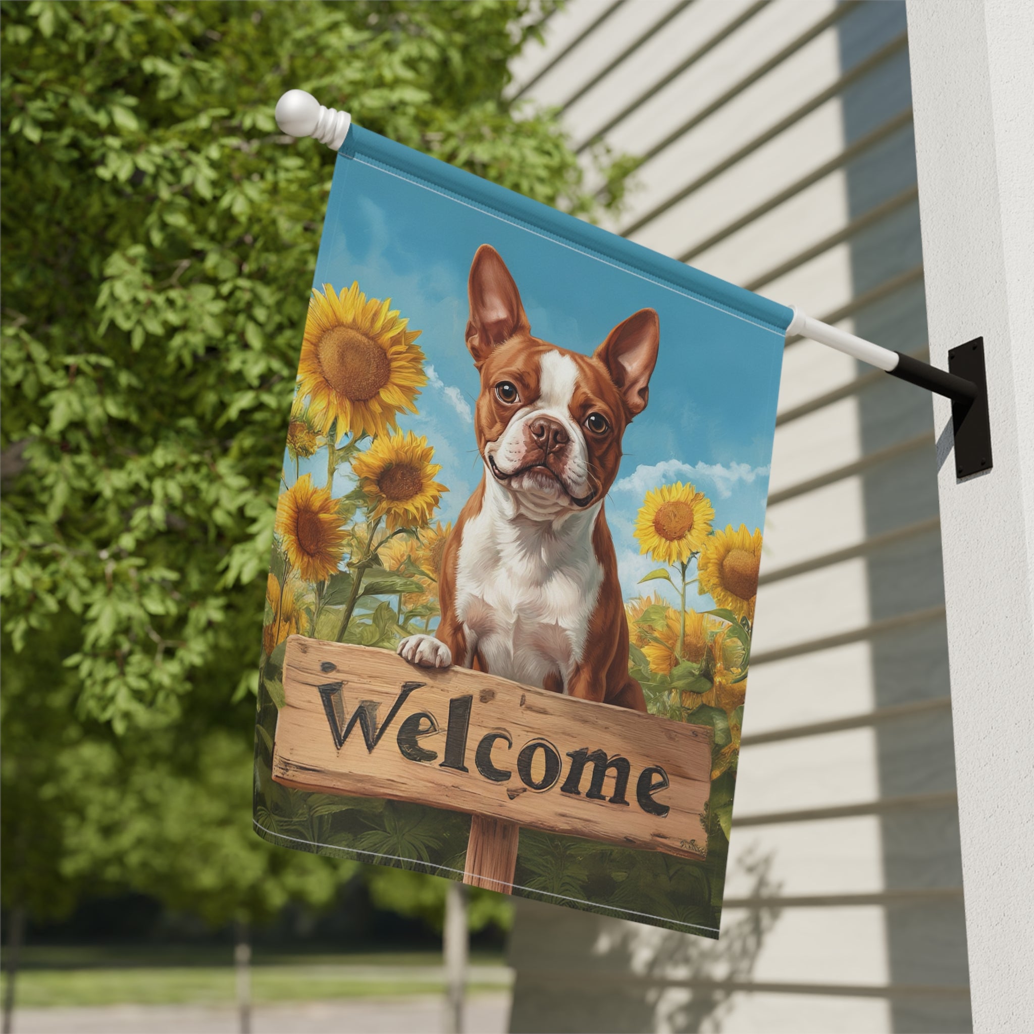 Sunflower Welcome Sign Red Boston Terrier Garden Flag - yard display - Dragonfire Gardens