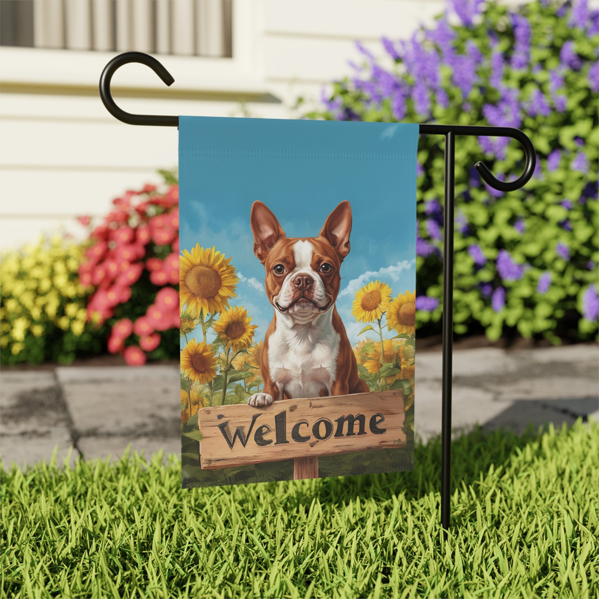 Sunflower Welcome Sign Red Boston Terrier Garden Flag - close-up detail - Dragonfire Gardens