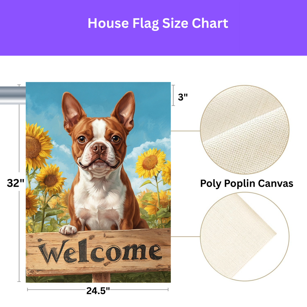 Sunflower Welcome Sign Red Boston Terrier Garden Flag - size comparison - Dragonfire Gardens