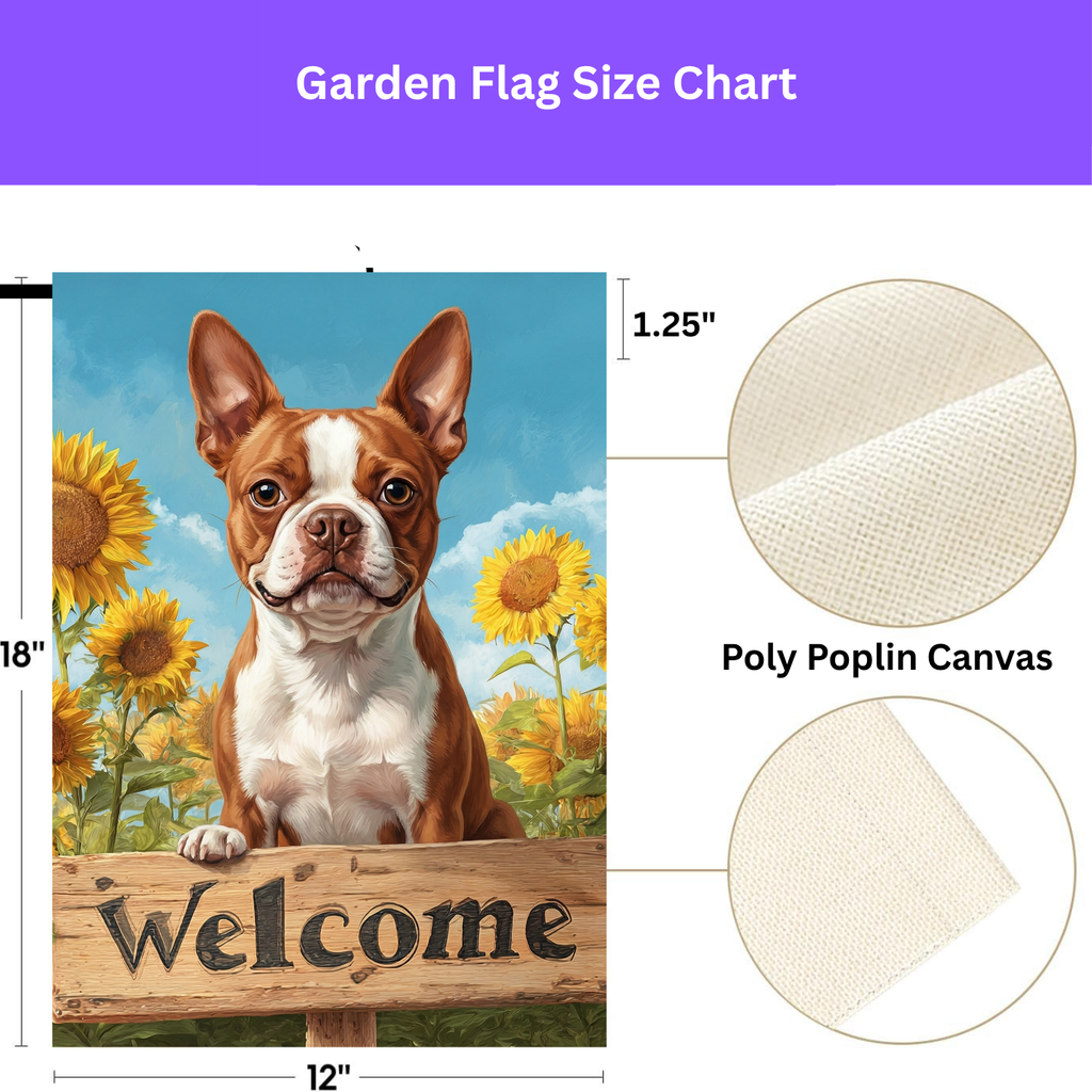 Sunflower Welcome Sign Red Boston Terrier Garden Flag - double-sided design - Dragonfire Gardens
