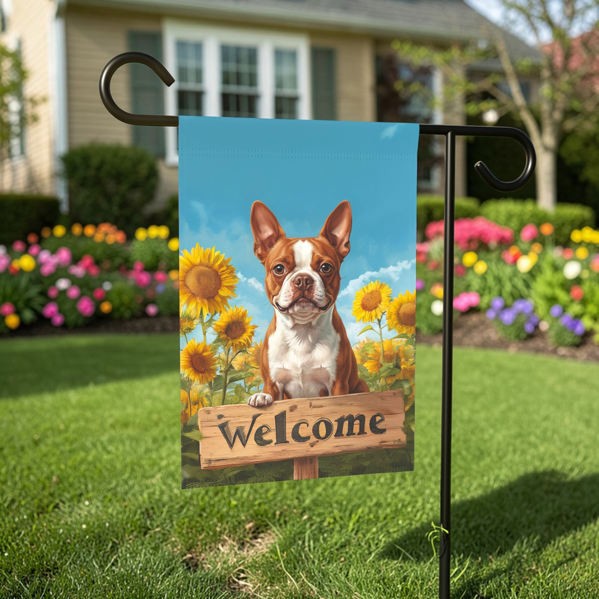 Sunflower Welcome Sign Red Boston Terrier Garden Flag - lifestyle display - Dragonfire Gardens