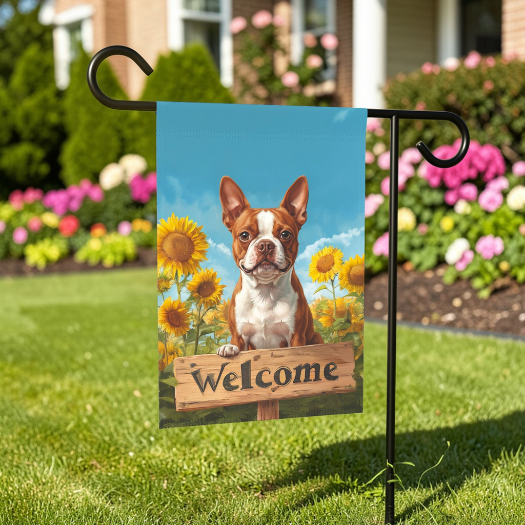 Sunflower Welcome Sign Red Boston Terrier Garden Flag - outdoor display - Dragonfire Gardens