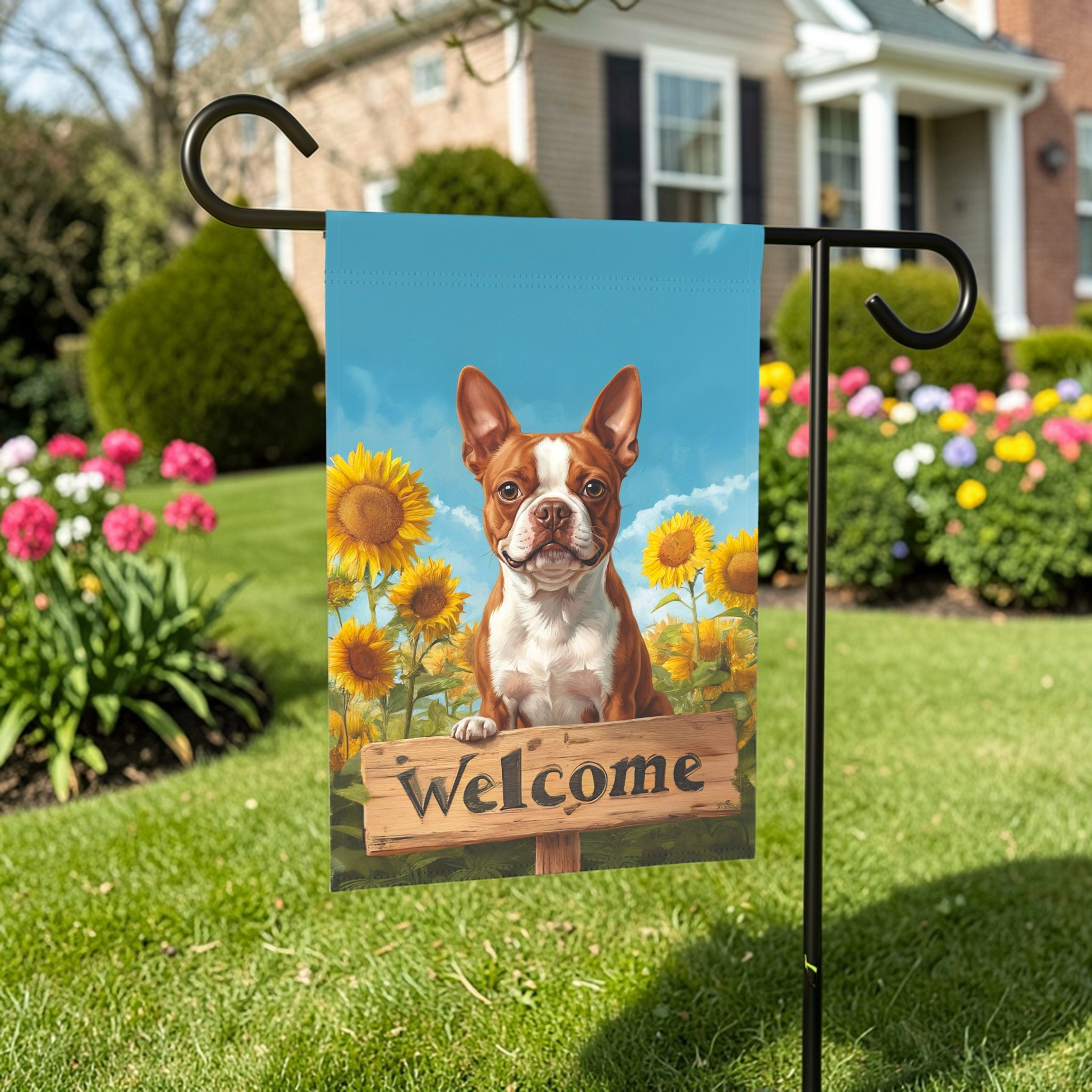 Sunflower Welcome Sign Red Boston Terrier Garden Flag - front view - Dragonfire Gardens