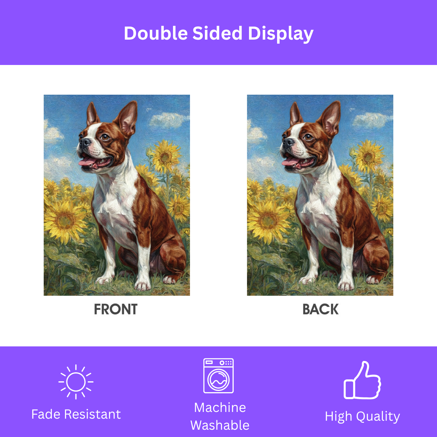 Red Boston Terrier Side Profile in Sunflowers Garden Flag - porch decor - Dragonfire Gardens