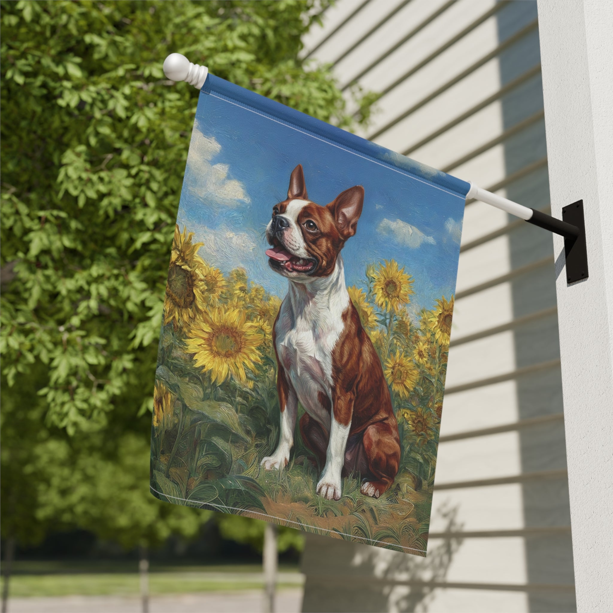 Red Boston Terrier Side Profile in Sunflowers Garden Flag - yard display - Dragonfire Gardens