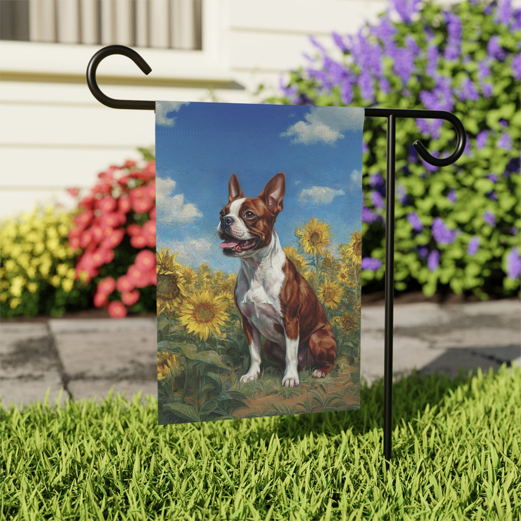 Red Boston Terrier Side Profile in Sunflowers Garden Flag - close-up detail - Dragonfire Gardens