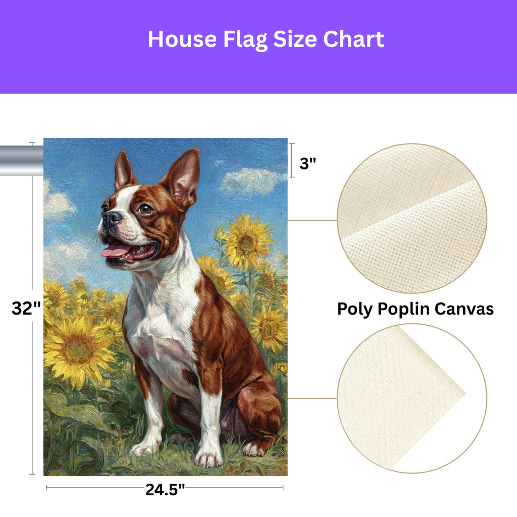 Red Boston Terrier Side Profile in Sunflowers Garden Flag - size comparison - Dragonfire Gardens