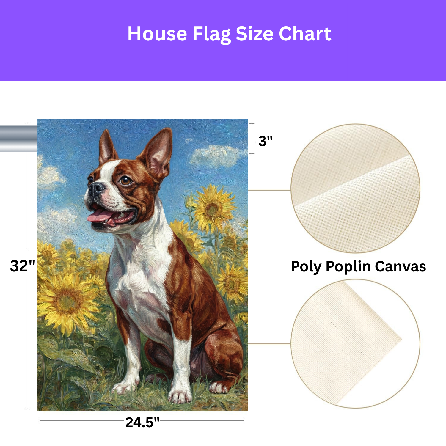 Red Boston Terrier Side Profile in Sunflowers Garden Flag - size comparison - Dragonfire Gardens