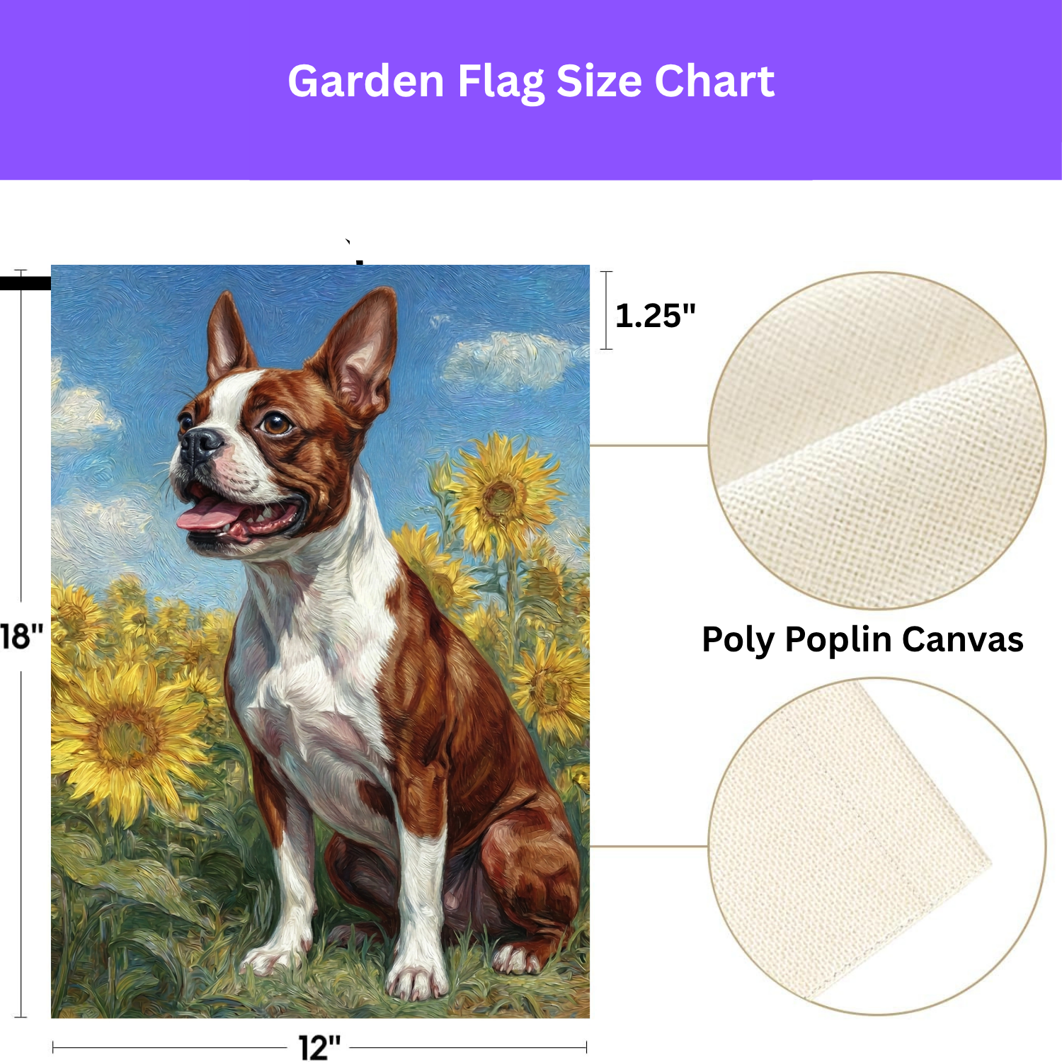 Red Boston Terrier Side Profile in Sunflowers Garden Flag - double-sided design - Dragonfire Gardens