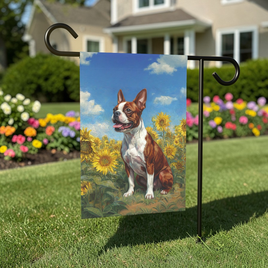 Red Boston Terrier Side Profile in Sunflowers Garden Flag - outdoor display - Dragonfire Gardens
