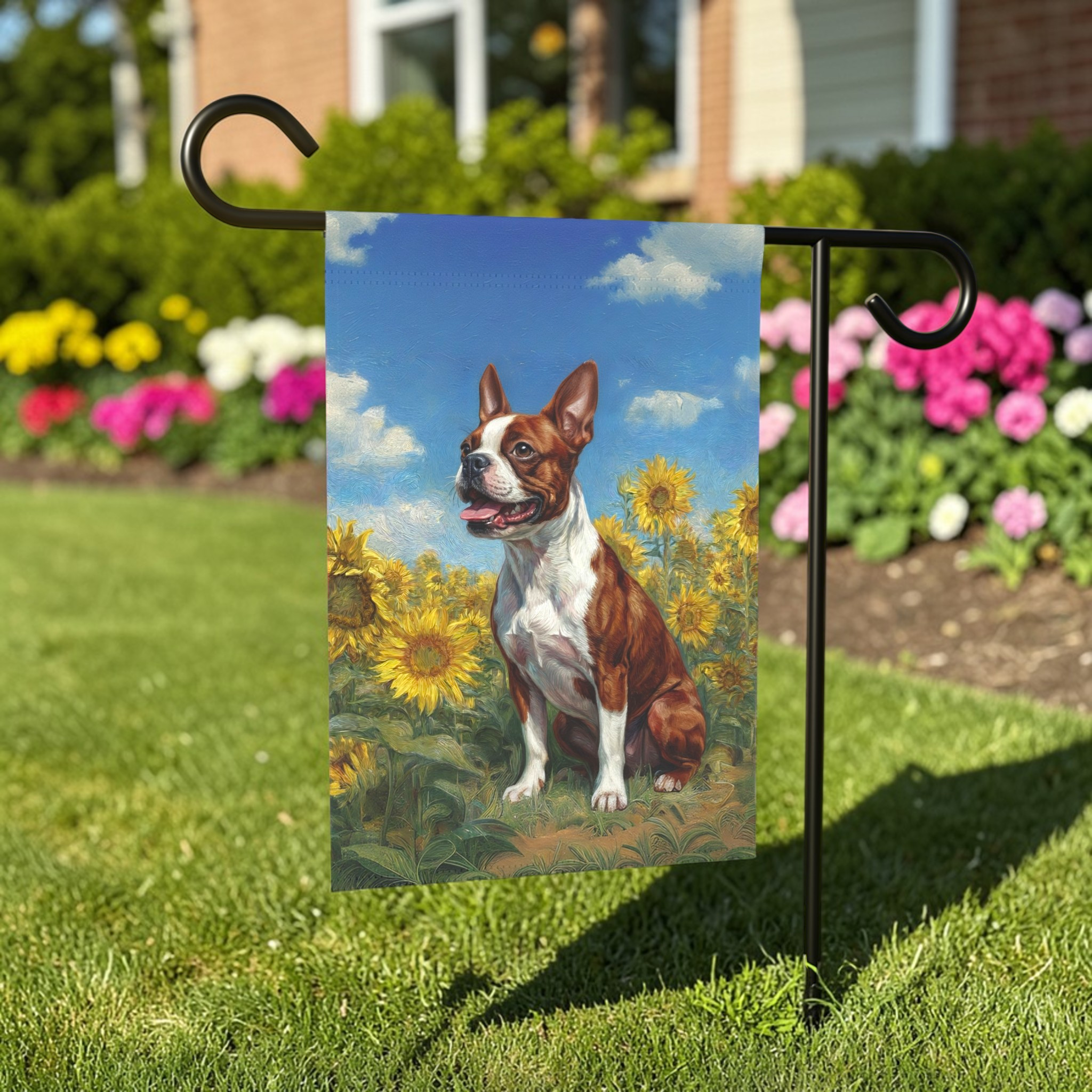Red Boston Terrier Side Profile in Sunflowers Garden Flag - front view - Dragonfire Gardens