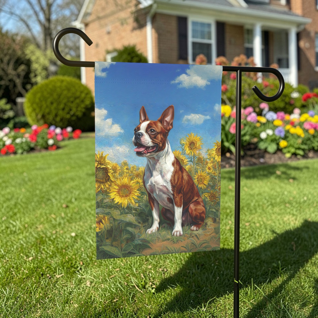 Red Boston Terrier Side Profile in Sunflowers Garden Flag - lifestyle display - Dragonfire Gardens