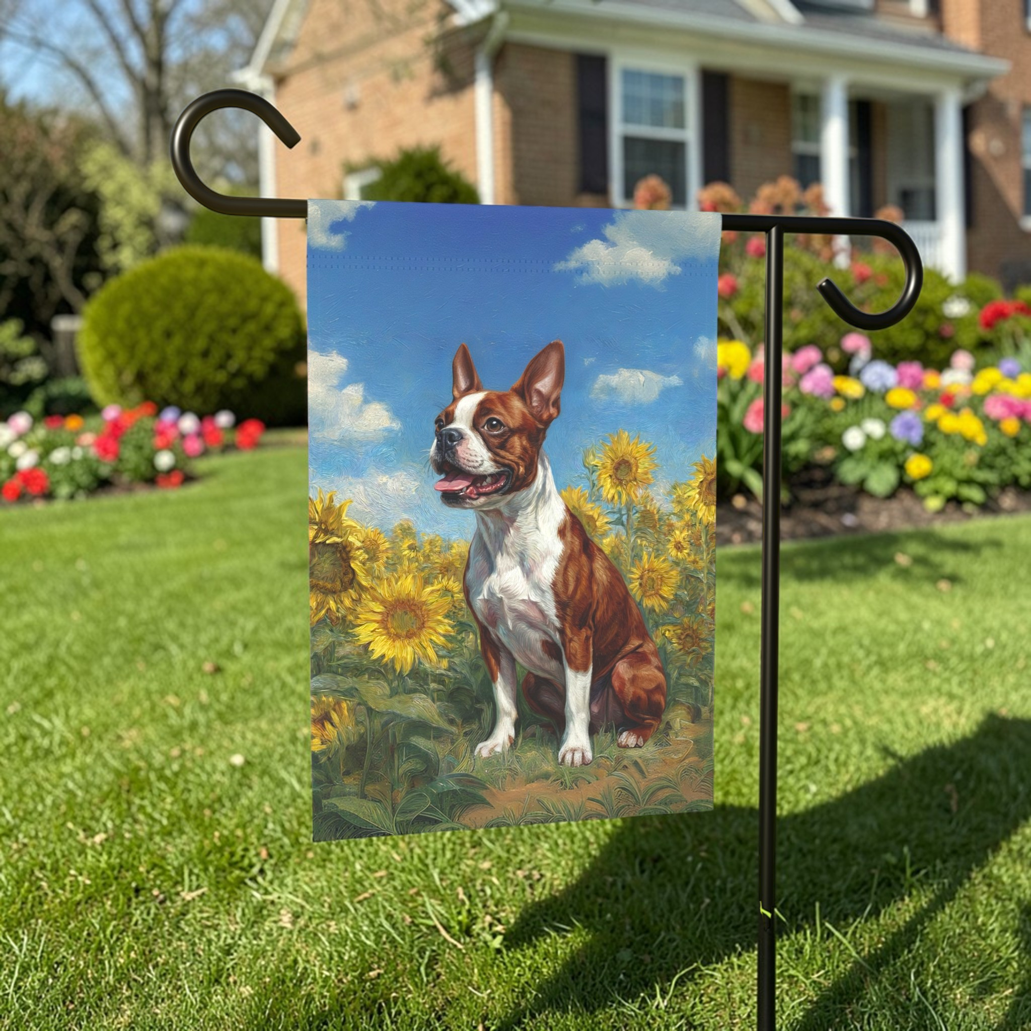 Red Boston Terrier Side Profile in Sunflowers Garden Flag - lifestyle display - Dragonfire Gardens