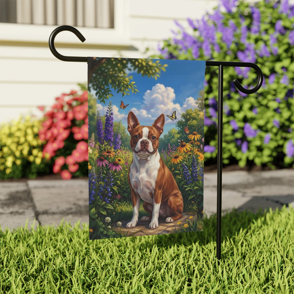 Spring Flowers  Red Boston Terrier Garden Flag - close-up detail - Dragonfire Gardens